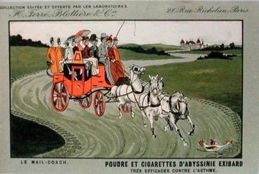 Publicité pour la marque de cigarettes, Exibard, représentant une diligence et affirmant que le tabac et les cigarettes sont efficaces contre l