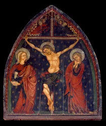 Art France, Moyen Âge : crucifixion. Peinture sur bois de Sauvagnat, Puy de Dôme en Auvergne. Dim : 1,45 x 1,22m. Paris, Musée de Cluny