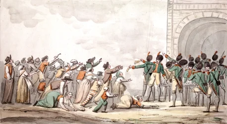 Distribution des assignats, Révolution française (gravure en couleur)