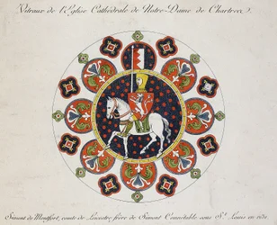 Dessin de la rosace de Chartres : Simon de Montfort (lithographie en couleur)