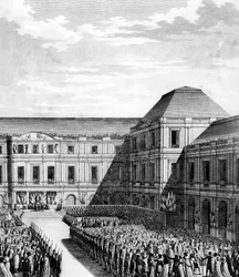 Fête donnée par Napoléon I Bonaparte au Palais national du Directoire (Palais du Luxembourg) à Paris après le traité de Campo Formio le 20 frimaire An VI (10 décembre 1797). Paris, Bibliothèque de l