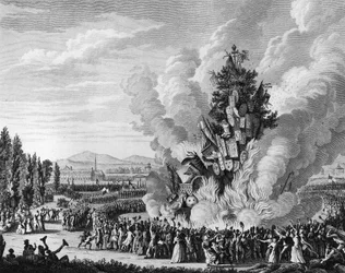 Révolution française : commémoration de la prise de la Bastille le 14 juillet 1792 avec un grand bûcher brûlant les symboles de la monarchie du palais des Tuileries. Paris, Bibliothèque de l