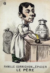 Jeu des Sept Familles : Le père de la famille Cornichon-épiciers préparant de la moutarde de Dijon. Musée de la Carte à Jouer, Issy-les-Moulineaux