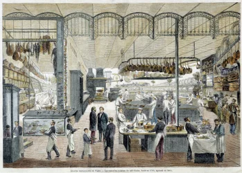 Grands restaurants de Paris : les nouvelles cuisines du Café Riche, fondé en 1785, agrandi en 1865.