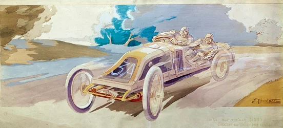 Course automobile : une voiture de course Beisz sur une voiture Renault. Lithographie par E. Montre, Conservatoire national des arts et métiers, Paris