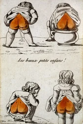 Vieille carte à jouer : le quatre de cœur - « Beaux petits enfants » qui montrent leurs fesses en forme de cœur. Musée de la Carte à Joueur, Issy-les-Moulineaux