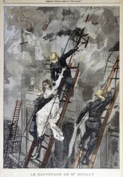 Sauvetage de Mme Duplay par les pompiers - dans "Le Petit Parisien", n.d.