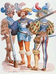 Soldats allemands du XVIe siècle, armés de mousquets à mèche
