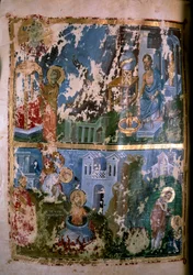 Scènes de la vie de saint Cyprien. Miniature dans «Homélies. Orationes» de saint Grégoire de Nazianze (ou Naziance) (328-390), 879-882. Manuscrit grec. Paris, NL
