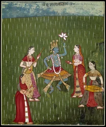 Déesse Krishna dansant sous la pluie avec des musiciens (miniature)