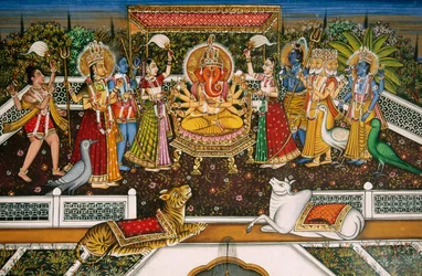 Miniature de Ganesh avec Brahma, Vishnu, Shiva, Durga sur papier