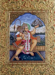 Seigneur Hanuman, miniature sur papier avec broderie dorée