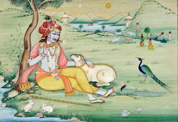 Peinture miniature de Krishna jouant de la flûte
