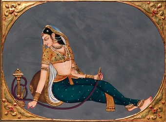 Peinture miniature sur papier Dame profitant du hookah
