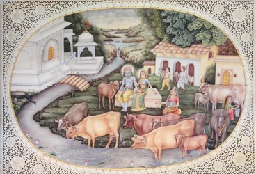 Miniature de Krishna et une laitière assis dans un champ avec du bétail
