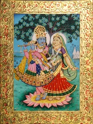 Peinture miniature de Radha Krishna sur papier avec embossage doré