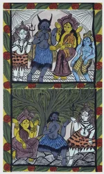Shiva donne vie à Ganesha (Ganesh ou Ganapati), dans les bras de sa mère Parvati, après lui avoir coupé la tête dans un accès de colère. Pat : rouleau peint de la région du Bengale, servant de support narratif pour les musiciens Baoul (ou baul). Leonard de