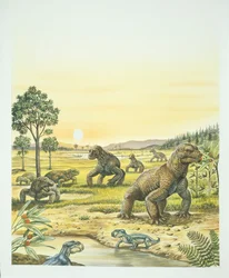Anomodontes, premier plan, Pareisaurs, à gauche, et Dinocephalians, à droite, Paléozoïque, période Permienne