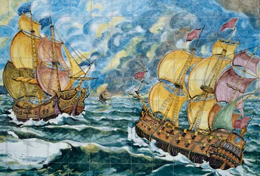 Panneau de céramique représentant deux navires à voile, production de Vietri sul Mare, Campanie, Italie, Détail