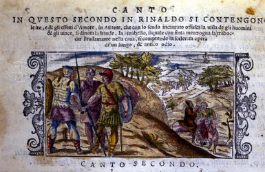 À droite Angélique rencontre un ermite qui arrêtera le combat entre Renaud (Rinaldo) et Sacripant (Sacripante) pour le cheval Bayard - Scène tirée du poème chevaleresque « Orlando Furioso » (Le Roland Furieux) de Ludovico Ariosto (1474-1533)