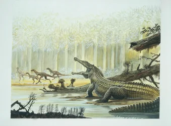 Rutiodon avec Fabrosaurus en arrière-plan, période Triassique