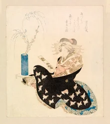 Courtisane lisant un tanzaku (gravure sur bois en couleur)