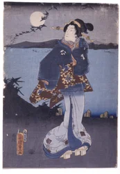 Femme au bord du lac regardant la pleine lune et les oies descendantes