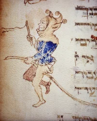 Un bouffon de cour. Manuscrit juif du 13ème siècle. Biblioteca Palatina, Parme