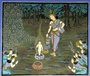 Naissance de Bouddha. Fresque dans le temple Yongju, région de Suwon, Corée