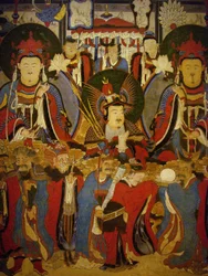 Bouddha et Bodhisattva accompagnés de leurs gardiens, peinture sur rouleau, période Joseon (1392-1896), Corée. Musée national de Corée, Séoul, République de Corée