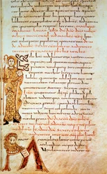 Saint Matthieu ; lettre M (tête du lion de Saint Marc)
