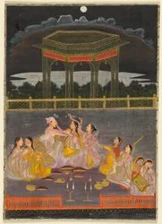 Un prince célébrant Holi avec des femmes du palais sur une terrasse la nuit; verso : calligraphie d