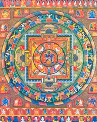 Mandala de Chakrasambhara, représentant la divinité principale Sambhara embrassant sa consort Vajrabarahi symbolisant l