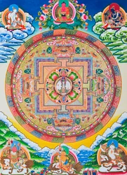 Mandala avec Avalokiteshvara aux mille bras; le cercle sacré et magique représentant le Bodhisattva à onze têtes, symbole de compassion infinie