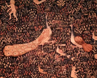 Le rideau de la vie seigneuriale : détail représentant des oiseaux et un paon. Tapisserie de laine et de soie réalisée vers 1520 aux Pays-Bas. 2,6 x 3,7 m, Paris, musée national du Moyen Âge, thermes de Cluny