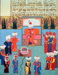Sultan Orhan I (1281-1360) à sa cour. Miniature du « Hunername » de Lokman, vol. 1 (H 1523, f.7) 1584. Bibliothèque du Musée de Topkapi Sarayi, Istanbul