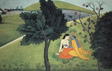 Krishna ornant le sein de Radha, de la série « Gita Govinda », attribué soit à Kushala, soit à Gaudhu, Kangra, Himachal Pradesh, vers 1780