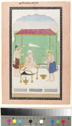 Ranjit Singh assis sur une chaise en or, assisté par un porteur de morchal et servi, vers 1830