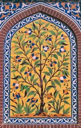 Arbre en fleurs, décoration en majolique, Mosquée Wazir Khan (17ème siècle), Lahore, Pendjab, Pakistan