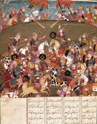 Art islamique : scène de bataille. Miniature persane d