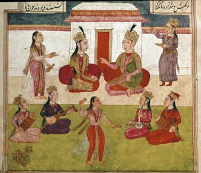 Art islamique : concert et divertissement dans un harem. Miniature persane tirée d