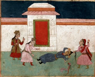 Art islamique : deux concubines se battant dans un harem (miniature persane)