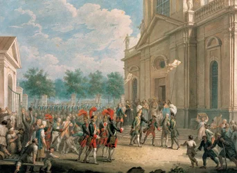 Catherine II sur les escaliers de la cathédrale de Kazan, accueillie par le clergé le jour de son accession au trône, le 28 juin 1762