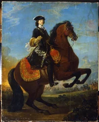 Portrait équestre de Pierre I avec une bataille de la Grande Guerre du Nord en arrière-plan