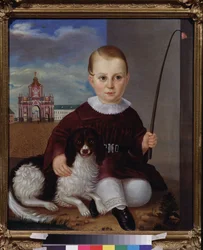 Garçon avec un chien devant la porte rouge