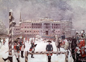 Parade militaire devant le palais Mikhailovsky en présence de Paul Ier (1754-1801), empereur de Russie