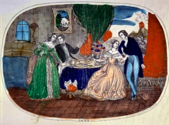 Mondanité : scène de repas et de séduction entre deux couples. Russie. Gravure vers 1850. Collection privée