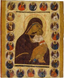 Icône russe : Notre-Dame de la Tendresse avec des saints sélectionnés
