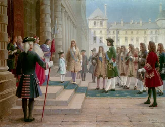 Le tsar Pierre le Grand (1672-1725) accueilli par Louis XV enfant à Versailles en 1717