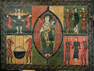 Autel représentant saint Quirze et sainte Julita avec quatre scènes du martyre des saints, église de Sant Quirze i Santa Julita, Durro (détrempe sur panneau)